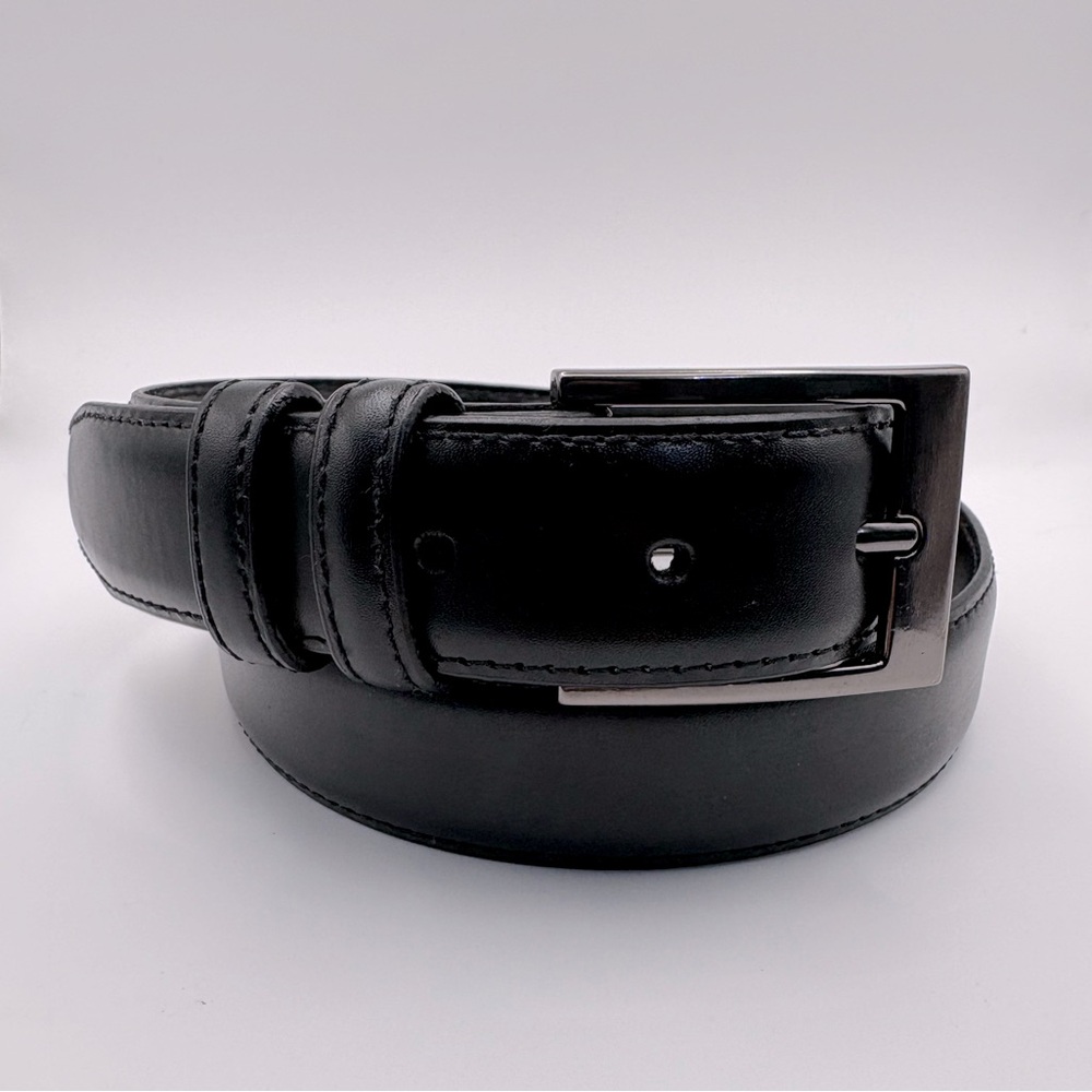 Mio Marino Collection Men's Black Leather w/ Rectangular Nickel Buckle Belt 32”
